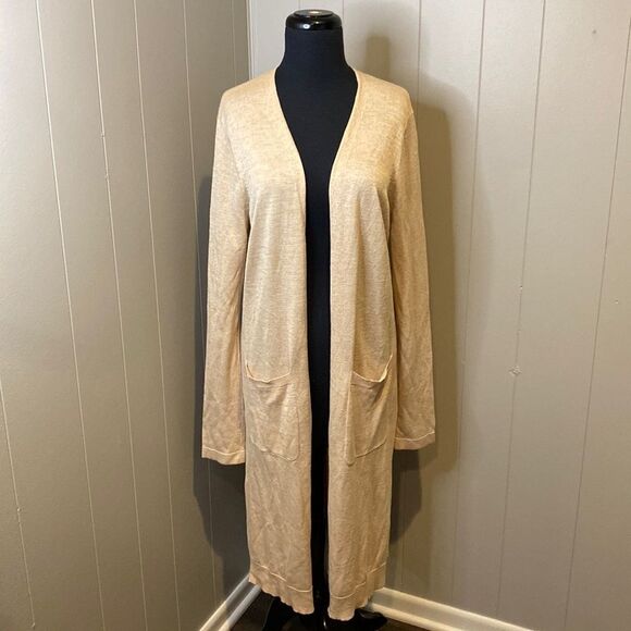 Mystree Large Knit Cardigan Open Front Shawl Wrap Pockets Natural Beige - Picture 1 of 6